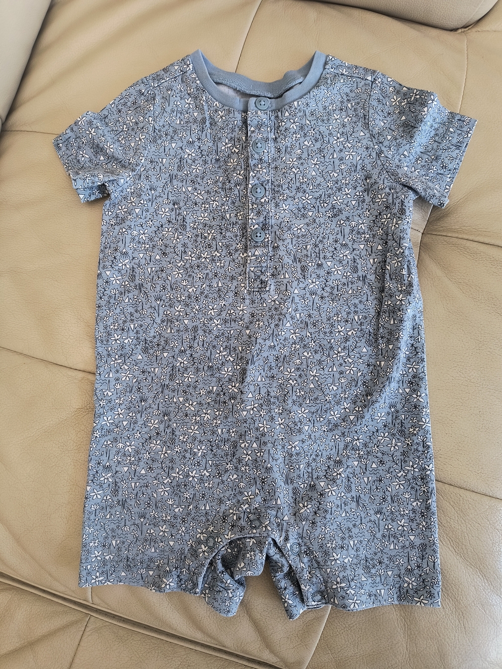 Tea Collection Blue Floral Short-Sleeve One-Piece Romper.